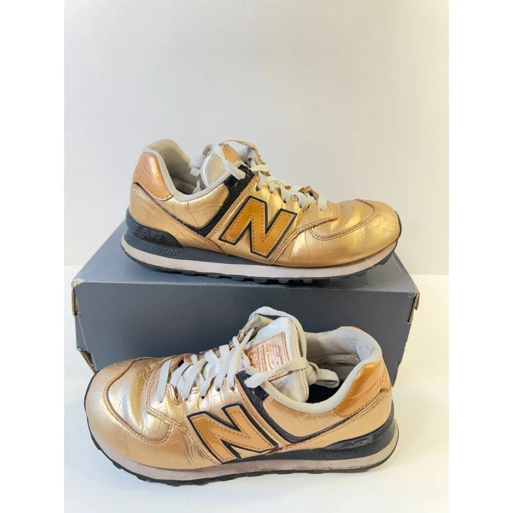 New Balance Womens 574 Sneakers Gold Metallic Leather US 8